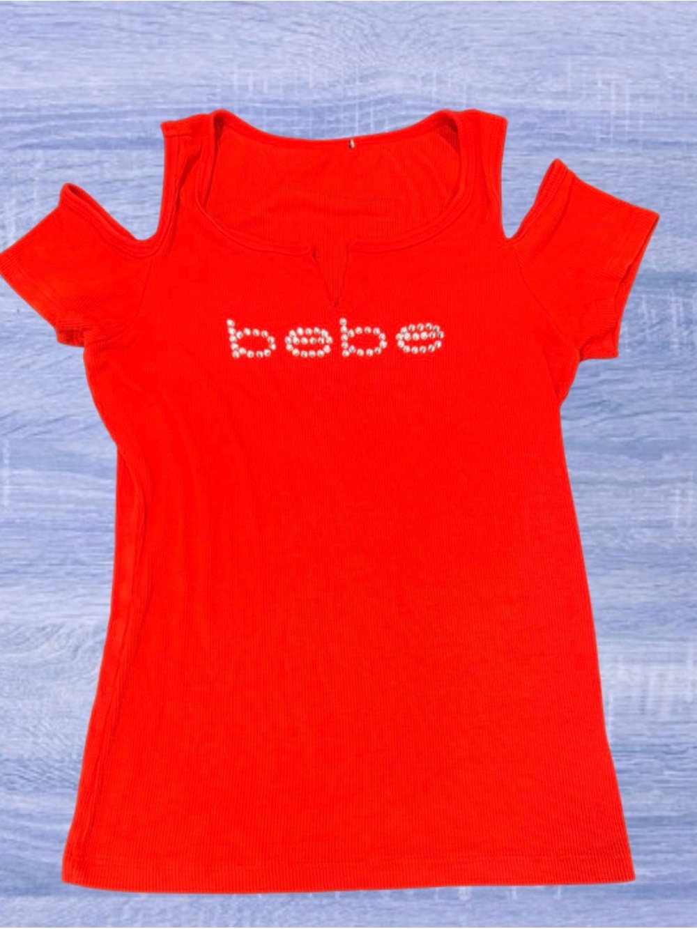 Vintage Y2K Bebe Red Rhinestone Logo Cold Shoulder Ribbed Top Size S